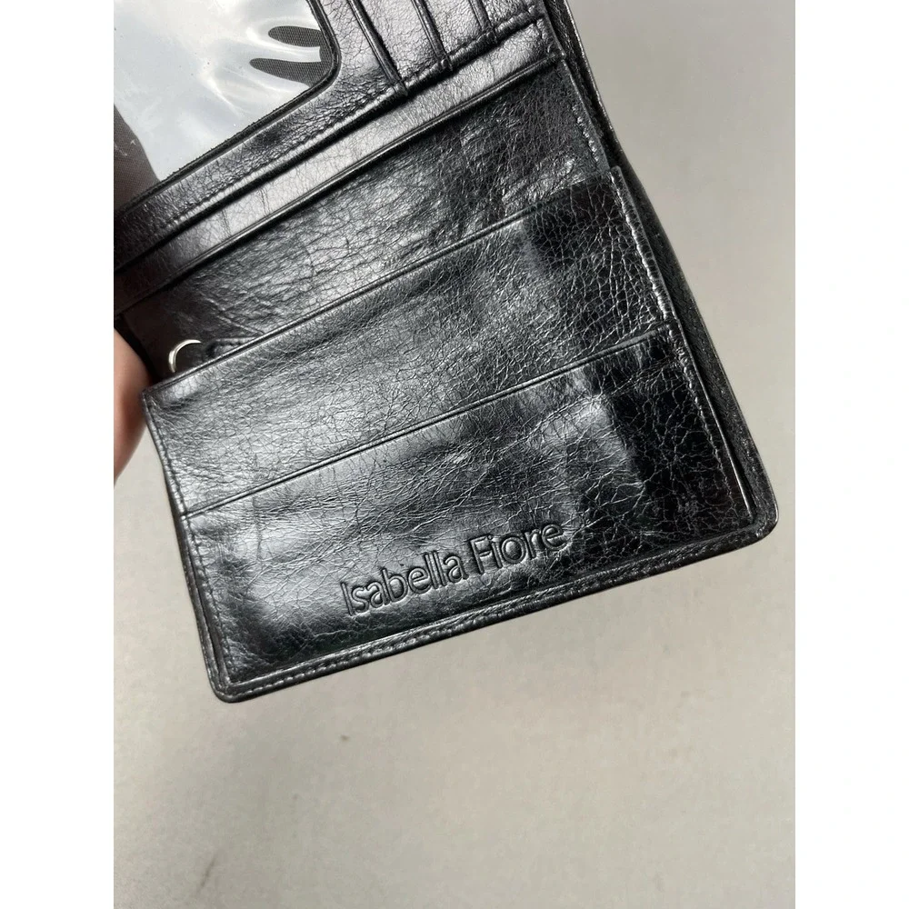 Vintage Isabella Fiore Black Leather Wallet Y2K Silver Buckle Trifold